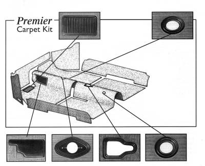 CARPET, PREMIER 7 PIECE OATMEAL WITHOUT FOOTREST, BUG SEDAN 1956-57 (Note: TMI Heater Grommets are correct for 57 only)