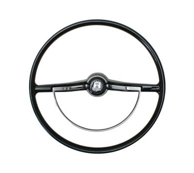 STEERING WHEEL, BLACK WITH HORN BUTTON AND RING, BUG / GHIA / TYPE 3 1962-71 (Note the wheels aren't notched for the 1962-63 style horn ring)