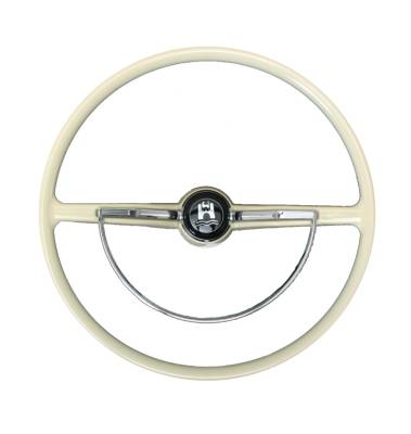 STEERING WHEEL, IVORY WITH HORN BUTTON AND RING, BUG / GHIA / TYPE 3 1962-71 (Note the wheels aren't notched for the 1962-63 style horn ring)