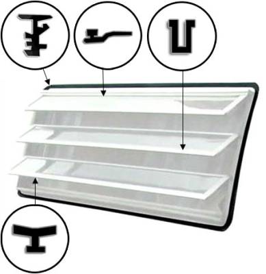 SEALS, LOUVERED JALOUISE WINDOW FRAME TO BODY, GLASS TO FRAME, INNER & OUTER, GREY, BUS 1968-79