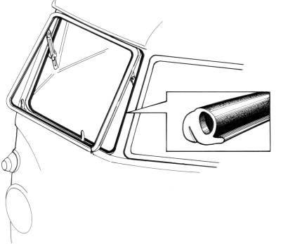 FRONT WINDOW SEAL, RIGHT SAFARI POPOUT BODY TO FRAME WITH MOLDED CORNERS, BUS 1950-67 *GERMAN*