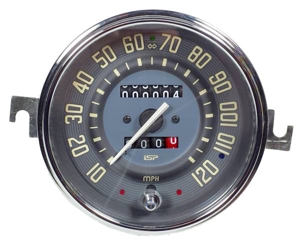 SPEEDOMETER, 120 MPH, BEIGE FACE, MADE IN BRAZIL, STD BUG 1953-77, SUPER BEETLE 1971-72, BUS 1955-67, GHIA 1956-66