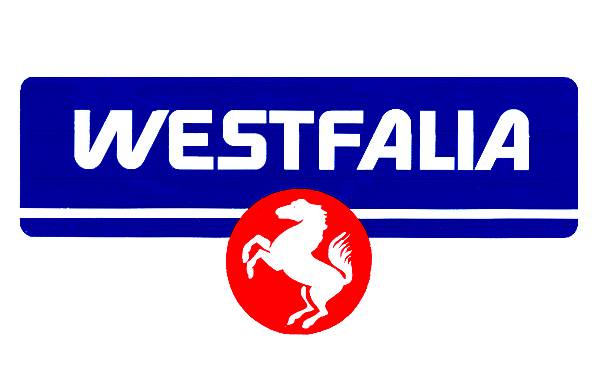 STICKER, 4" WESTFALIA, BLUE/RED *MADE IN USA BY WCM*