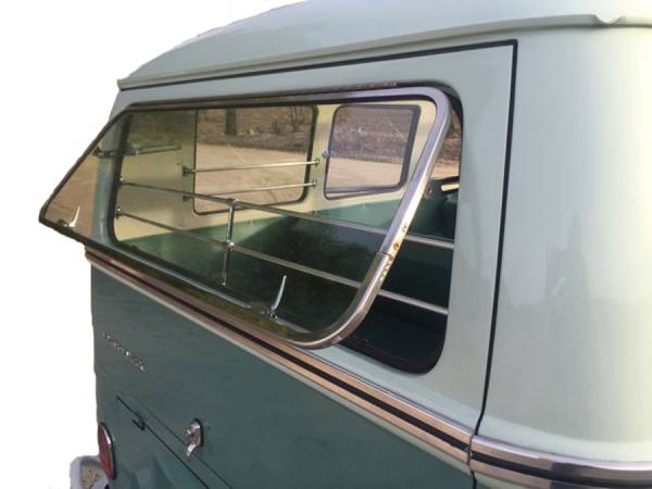 SAFARI REAR WINDOW POP OUT KIT, POLISHED STAINLESS STEEL, STANDARD BUS 1964-79 WITH FRAME, GLASS, SEALS & HARDWARE (Does Not Fit Pickup or Double Cabs)