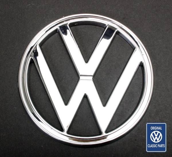 FRONT NOSE EMBLEM *OEM VW GERMAN* 7" CHROME PLASTIC, BUS 1973-79 (Clips Part # 211-619)