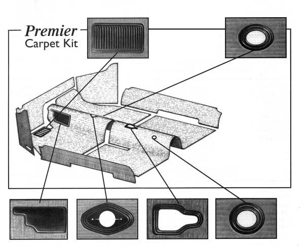 CARPET, PREMIER 7 PIECE OATMEAL WITHOUT FOOTREST, BUG SEDAN 1956-57 (Note: TMI Heater Grommets are correct for 57 only)