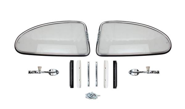 POP-OUT WINDOW KIT, BUG 1965-77, LEFT & RIGHT WITH FRAMES, GLASS, LATCHES & HARDWARE (Pinch Welt Separate Part # 113-131B-BK or White 113-131B-WH)