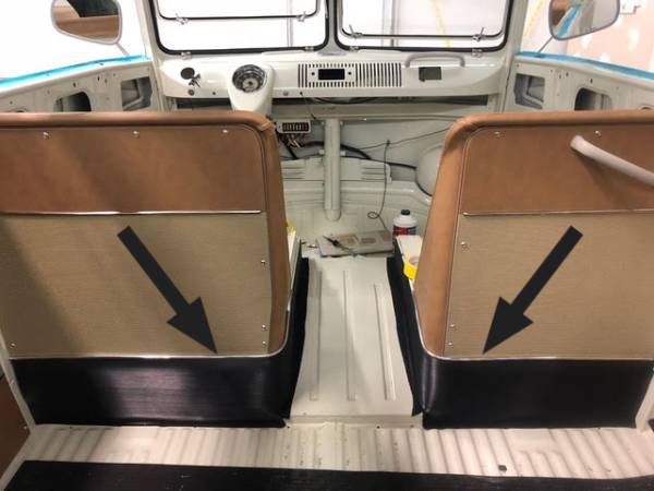 MOLDING, INTERIOR METAL TRIM BEHIND FRONT SEATS, LEFT & RIGHT, WALK THRU BUS 1955-67 *MADE IN USA*