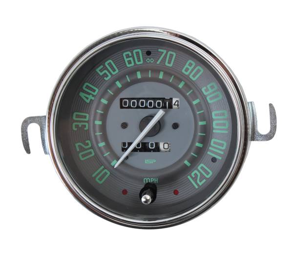 SPEEDOMETER, 120 MPH, GREEN FACE, MADE IN BRAZIL, STD BUG 1953-77, SUPER BEETLE 1971-72, BUS 1955-67, GHIA 1956-66