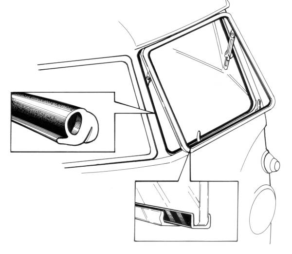 FRONT WINDOW SEAL, LEFT SAFARI POPOUT BODY TO FRAME WITH MOLDED CORNERS, BUS 1950-67 *GERMAN*