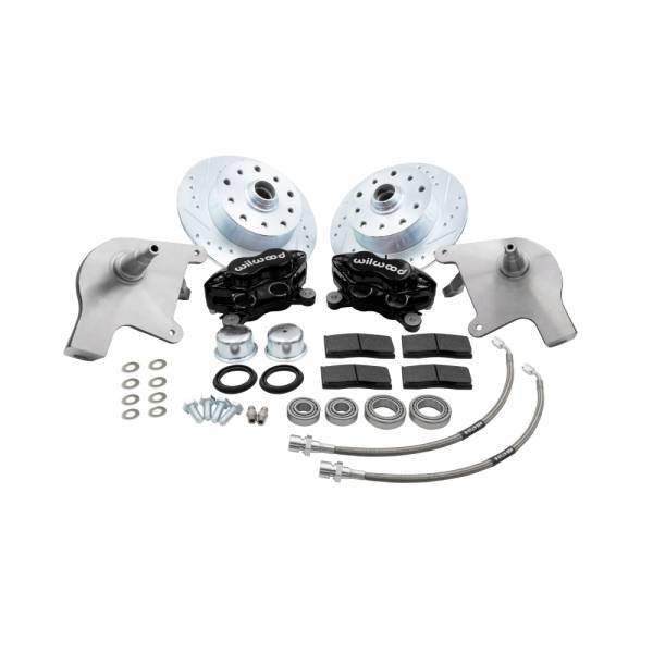 FRONT DISC BRAKE KIT, BLACK WILWOOD 4 PISTON CALIPERS W/ DROP SPINDLES, 5x130 & 5x4.75, BALL JOINT STD BUG 1966-77, GHIA 1966-74