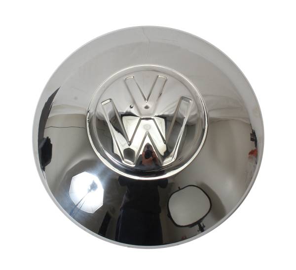 HUBCAP, STAINLESS STEEL WITH LARGE VW LOGO, BUG 1950-65, GHIA 1956-65, BUS 1950-71, THING 1973-74