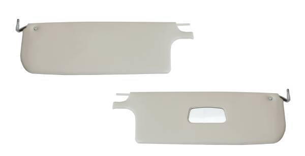 West Coast Metric - SUNVISORS, WHITE LEFT & RIGHT WITH MIRROR ON PASSENGER SIDE, BUG CONV. 1965-72 (NOTE: Comes with Rods for 1968-72 ONLY, 1965-67 must use old Rods)