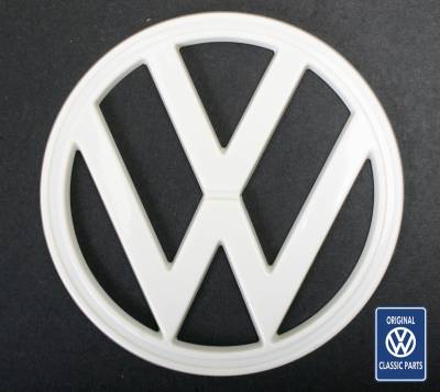 FRONT NOSE EMBLEM, 7" WHITE PLASTIC *OEM VW GERMAN* BUS 1973-79 (Clips Part # 211-619)