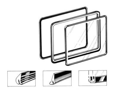 POP OUT WINDOW RUBBER KIT, INNER / OUTER / FRAME TO GLASS SEALS, BUS 1950-67 (3 Seals for 1 Window) *MADE IN USA BY WCM*