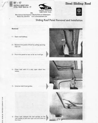 STEEL SUNROOF INSTRUCTION SHEET, 10 PAGES, BUG 1964-77