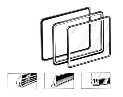 SIDE POPOUT WINDOW KIT, SET OF 6, RAW METAL FRAMES, GLASS, SEALS, HINGES & HARDWARE, BUS 1950-67 (Latches sold separately, see description for contents) - Image 2
