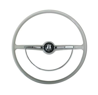 STEERING WHEEL, SILVER BEIGE WITH HORN BUTTON AND RING, BUG / GHIA / TYPE 3 1960-71