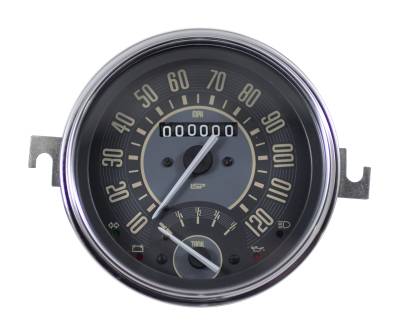 Interior - Dash Parts & Accessories - SPEEDOMETER WITH FUEL GAUGE, BEIGE FACE, STD BUG 1953-77, SUPER BEETLE 1971-72, BUS 1955-67, GHIA 1956-66, MADE IN BRAZIL