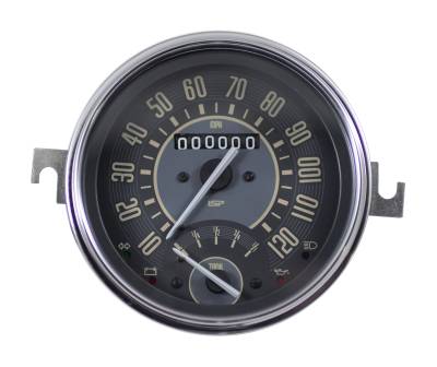 SPEEDOMETER WITH FUEL GAUGE, BEIGE FACE, STD BUG 1953-77, SUPER BEETLE 1971-72, BUS 1955-67, GHIA 1956-66, MADE IN BRAZIL