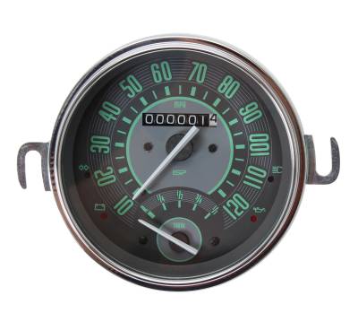 SPEEDOMETER WITH FUEL GAUGE, GREEN FACE, STD BUG 1953-77, SUPER BEETLE 1971-72, BUS 1955-67, GHIA 1956-66, MADE IN BRAZIL