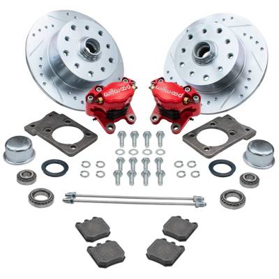 FRONT DISC BRAKE KIT, RED WILWOOD HIGH PERFORMANCE CALIPERS, 5x130 & 5x4.75, SUPER BEETLE BUG 1971-79 - Image 1