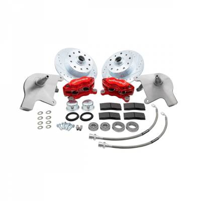 FRONT DISC BRAKE KIT, RED WILWOOD 4 PISTON CALIPERS W/ DROP SPINDLES, 5x130 & 5x4.75, BALL JOINT STD BUG 1966-77, GHIA 1966-74 - Image 1