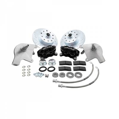FRONT DISC BRAKE KIT, BLACK WILWOOD 4 PISTON CALIPERS W/ DROP SPINDLES, 5x130 & 5x4.75, BALL JOINT STD BUG 1966-77, GHIA 1966-74