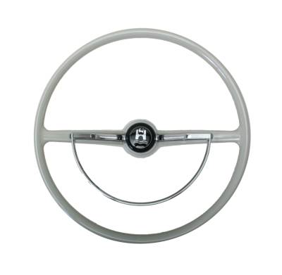 STEERING WHEEL, SILVER BEIGE WITH HORN BUTTON AND RING, BUG / GHIA / TYPE 3 1964-71  *FACTORY BLEMISH, SLIGHT COSMETIC DEFECT NO EXCHANGES OR RETURNS*