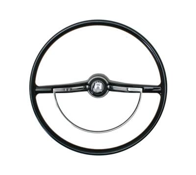 STEERING WHEEL, VINTAGE STYLE, BLACK WITH HORN BUTTON AND RING, BUG & GHIA 1974-79 *FACTORY BLEMISH, SLIGHT COSMETIC DEFECT NO EXCHANGES OR RETURNS*
